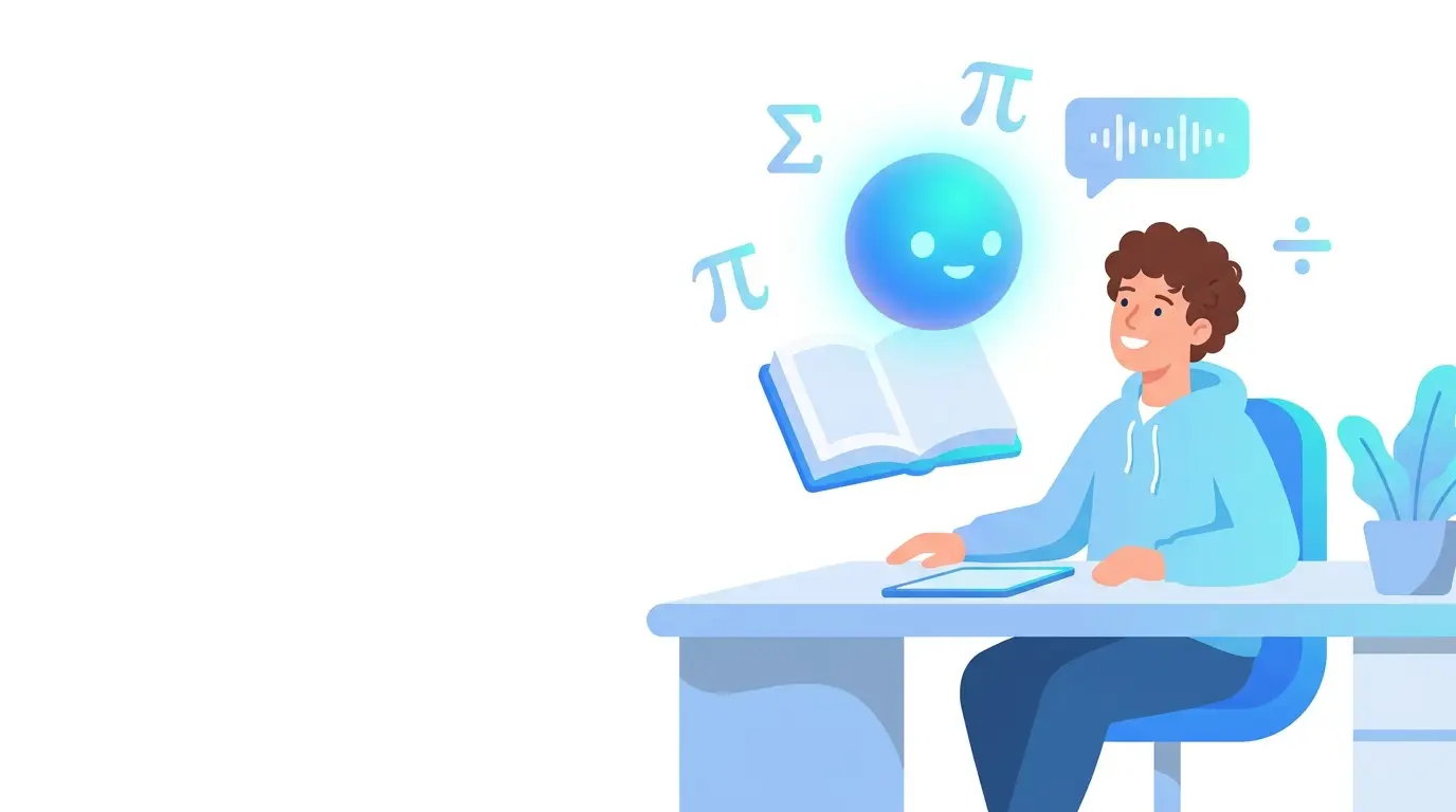 Uno studente studia con il tutor vocale AI di Skooly, con libro e simboli matematici