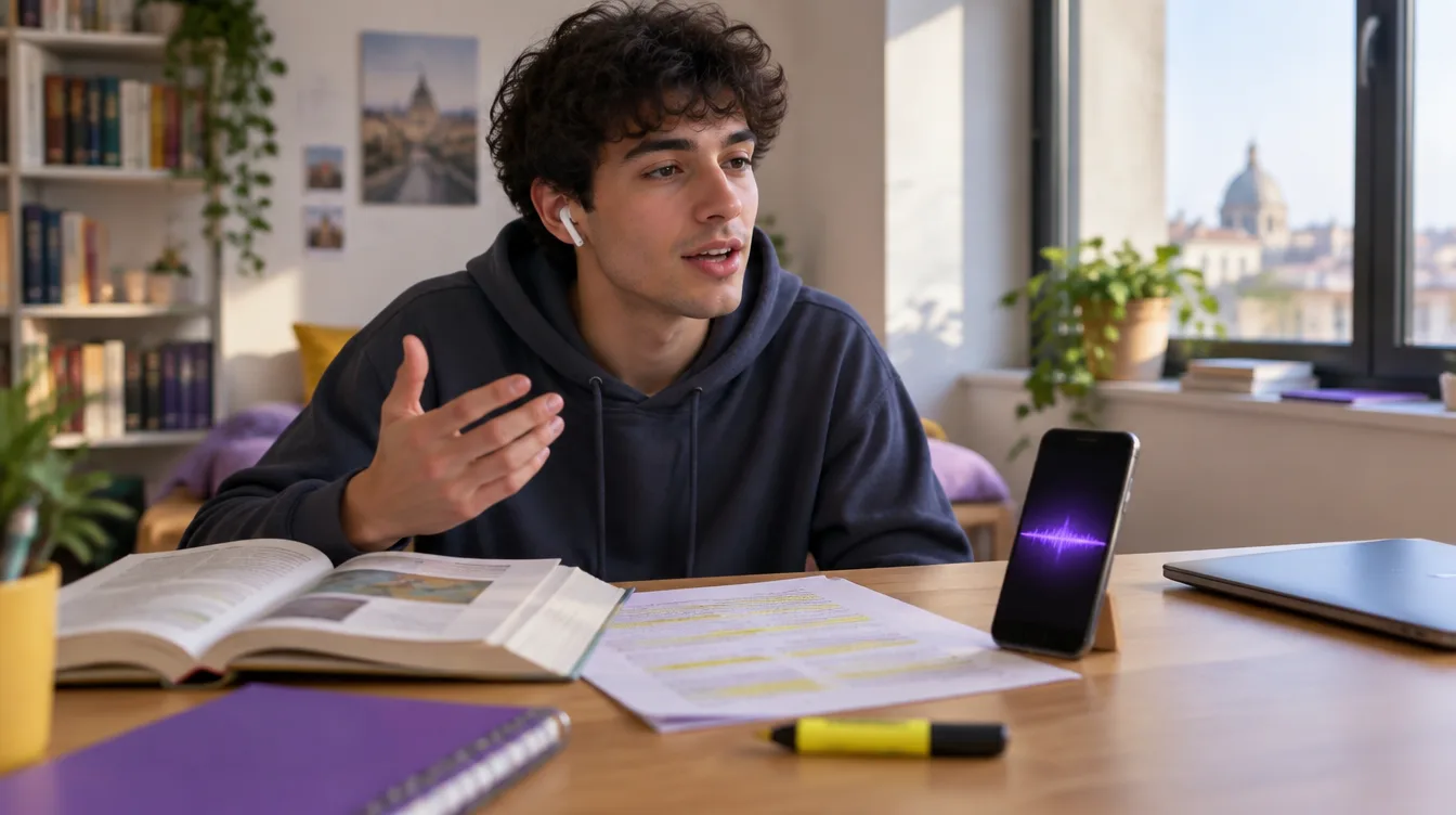 Uno studente alla scrivania, con gli auricolari, risponde a voce a una domanda: davanti a lui il libro aperto, gli appunti evidenziati e il telefono con Skoo in ascolto.